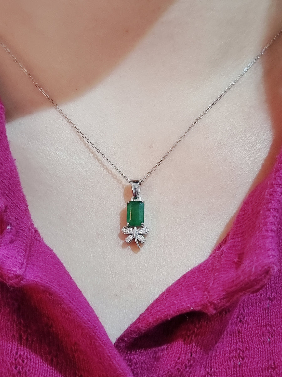 Emerald And Diamond Pendant In 18k White Gold.