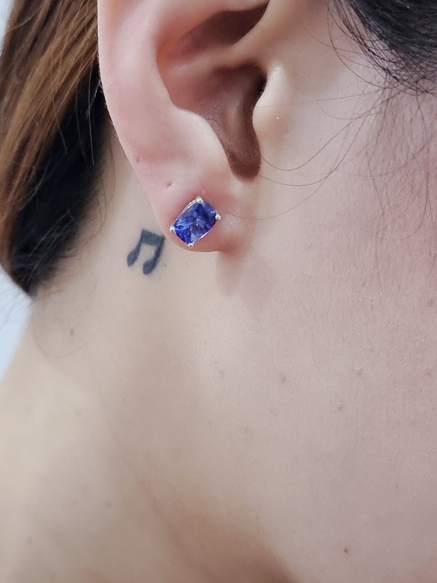 Cushion Cut Tanzanite Stud Earrings In 18k White Gold.