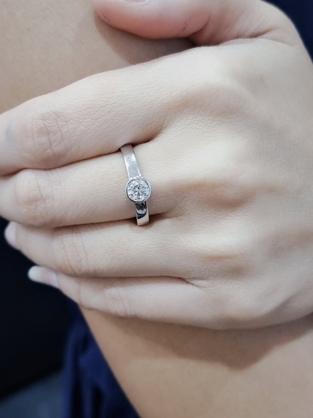 Bezel Set Solitaire Diamond Ring In 18k White Gold.