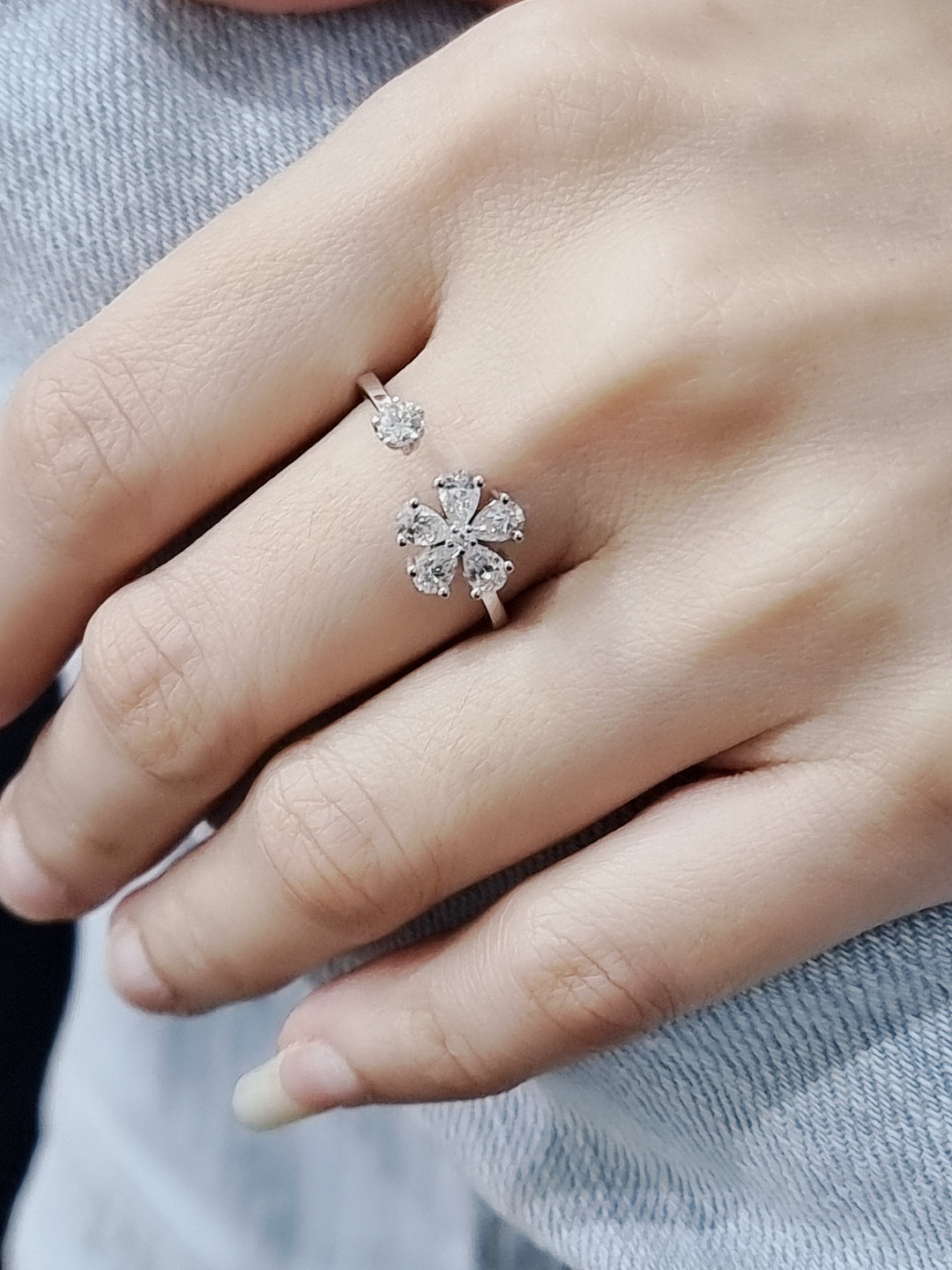 Open Cuff Flower Shape Diamond Ring In 18k White Gold.