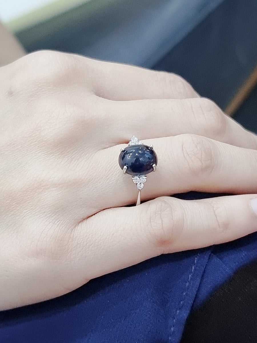 Cabochon Blue Sapphire And Diamond Ring In 18k White Gold.