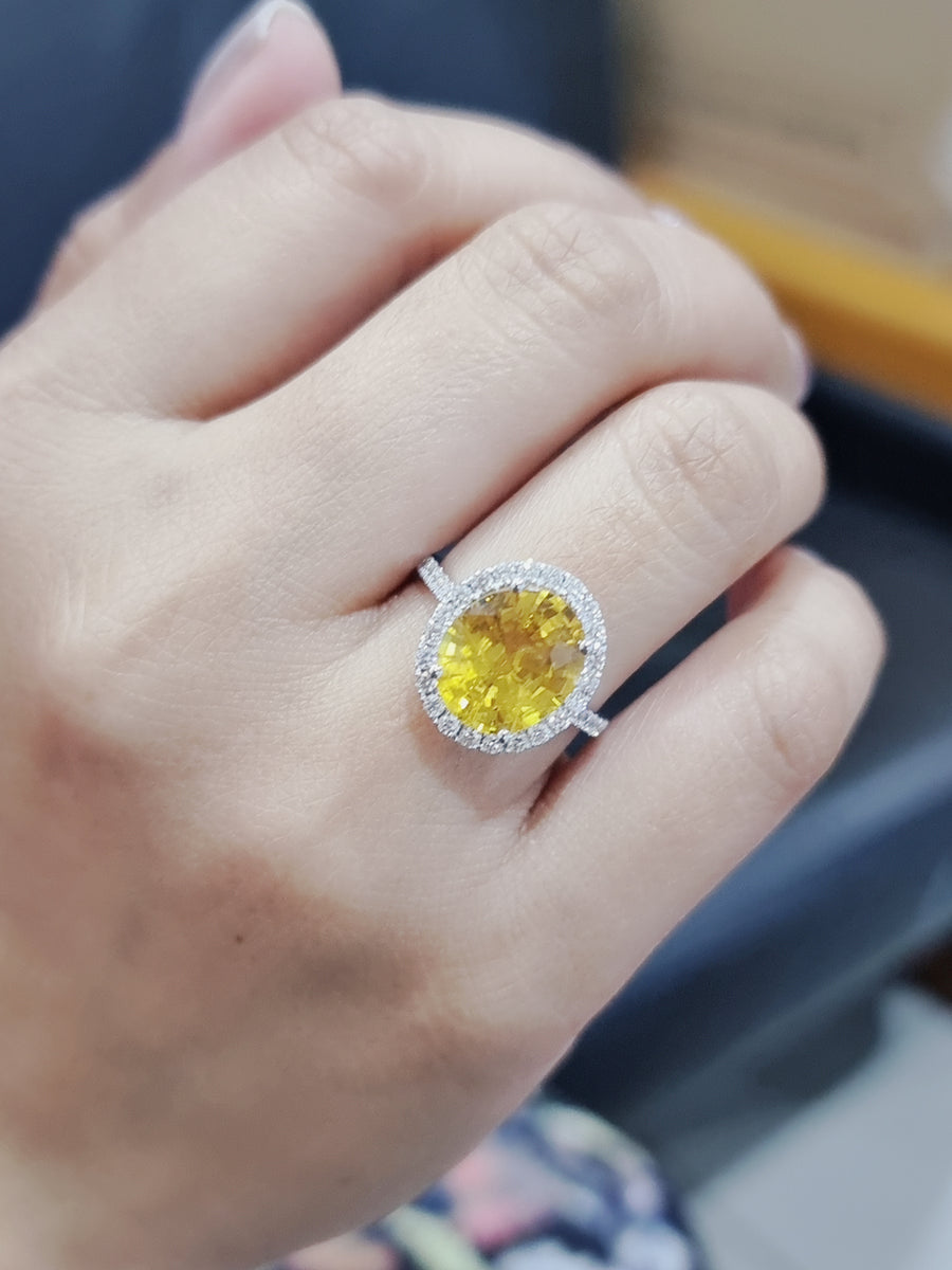 Yellow Sapphire And Diamond Ring In 18k White Gold.