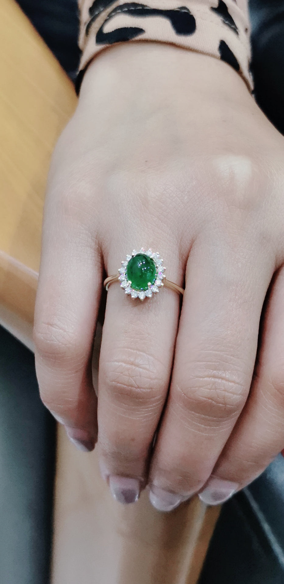 Cabochon Emerald And Diamond Ring In 18k Yellow Gold.