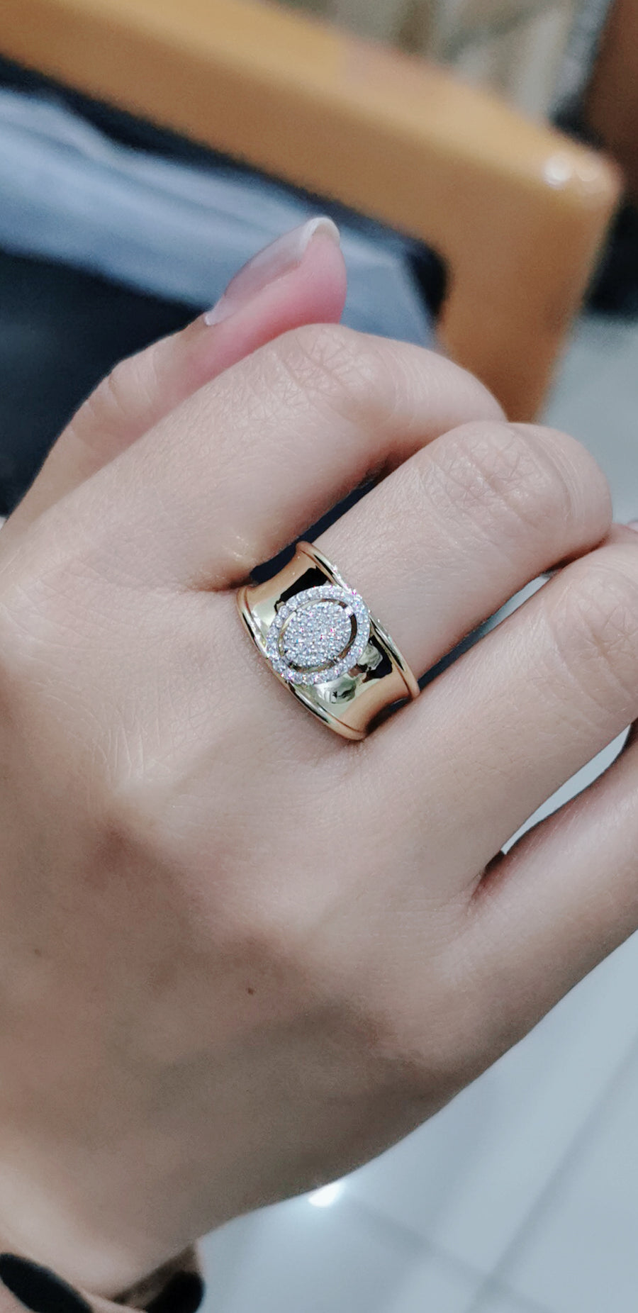 Cigar, Wide Band Diamond Cluster Ring In 18kYellow Gold.