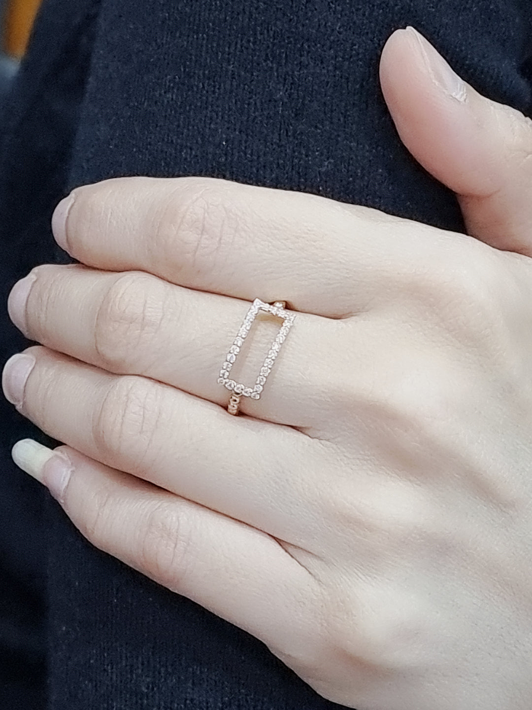 Geometric Motif, Open Rectangle, Fashion Diamond Ring In 18k Rose Gold.