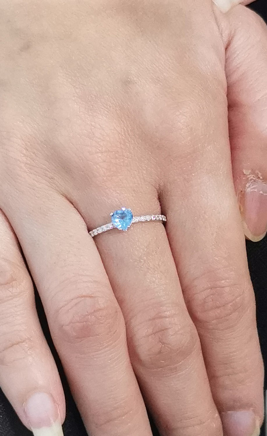 Heart Shaped Blue Topaz And Diamond Ring In 18k White Gold.