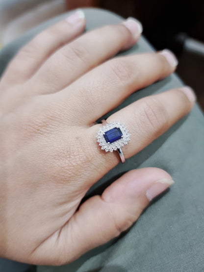 Sapphire Ring With Double Diamond Halo In 18k White Gold.