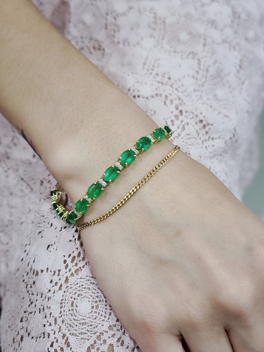 Emerald And Diamond Tennis Bracelet In 18k Yellow Gold.