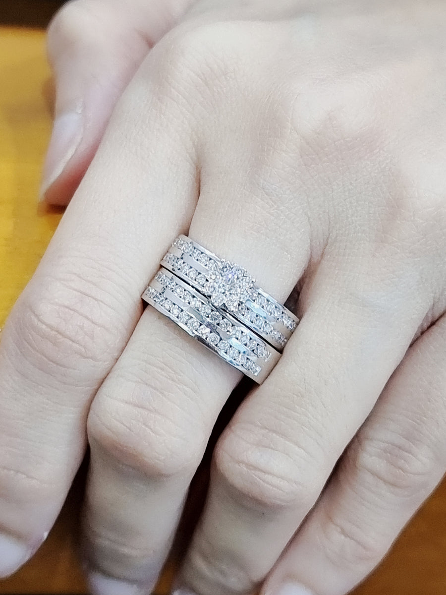 Cluster Set Diamond Engagement Ring And Wedding Band,  Bridal Set In 18k White Gold.