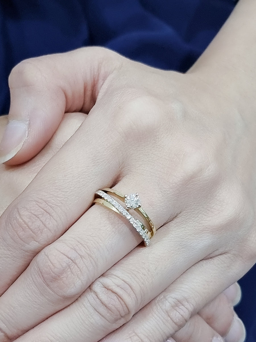 Triple Row, Cross Over, Solitaire Diamond, Engagement Ring In 18k Yellow Gold.