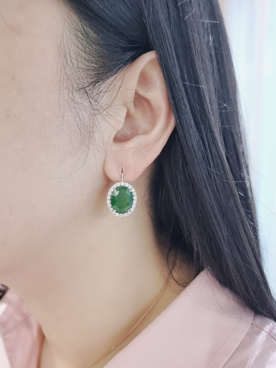 Emerald And Diamond Halo Earrings In 18k White Gold.