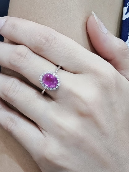 Pink Sapphire With Diamond Halo Ring In 18k White Gold.