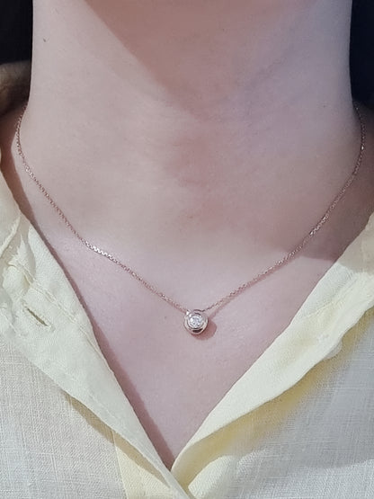 Bezel Set Solitaire Diamond Pendant, Necklace In 18k Rose Gold.