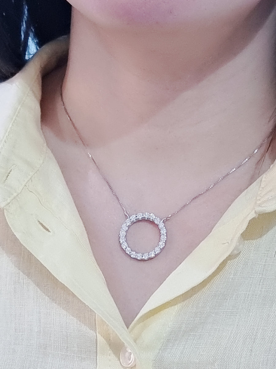 Open Circle Diamond Necklace In 18k White Gold.