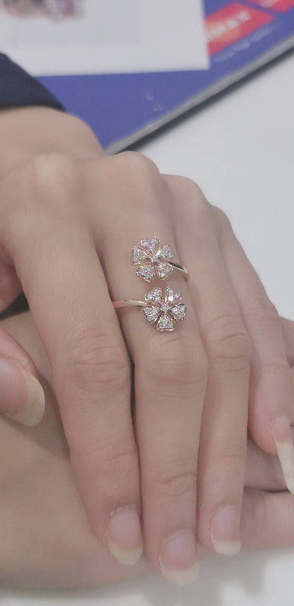 Bypass Open Cuff Double Daisy Flower Ring In 18k Rose Gold.