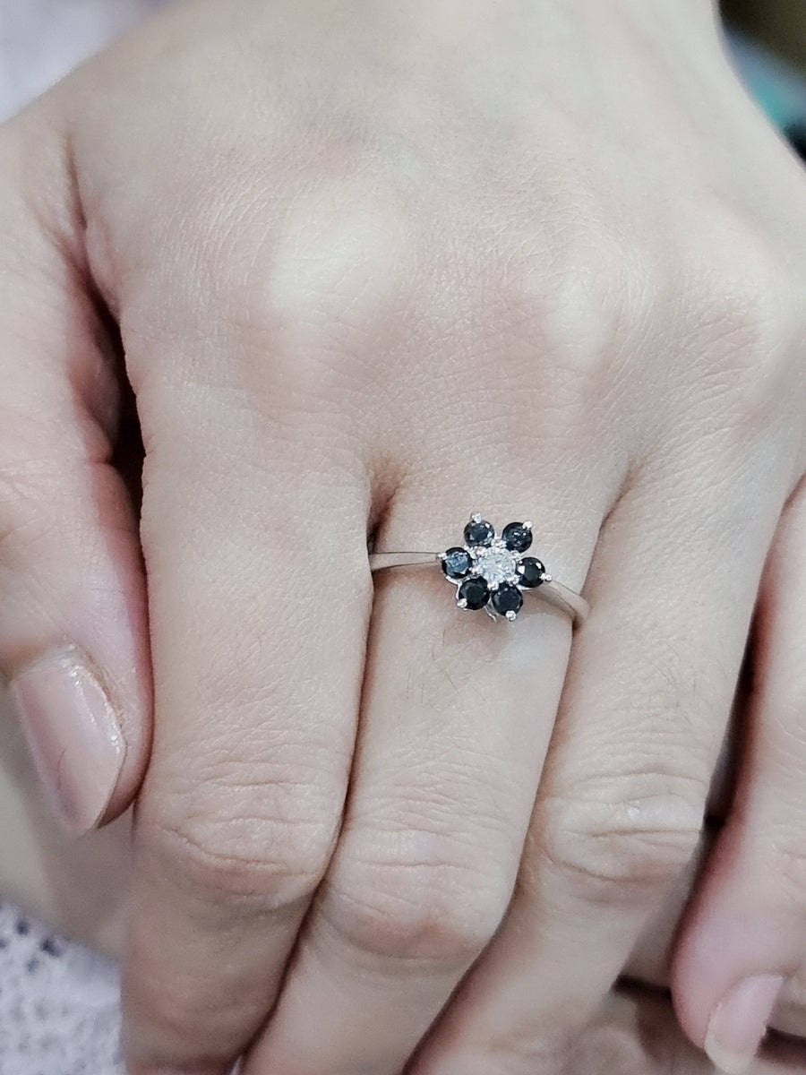 Floral Pattern, Black Diamond Ring In 18k White Gold.