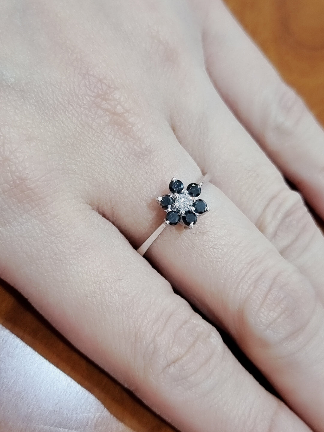 Floral Pattern, Black Diamond Ring In 18k White Gold.