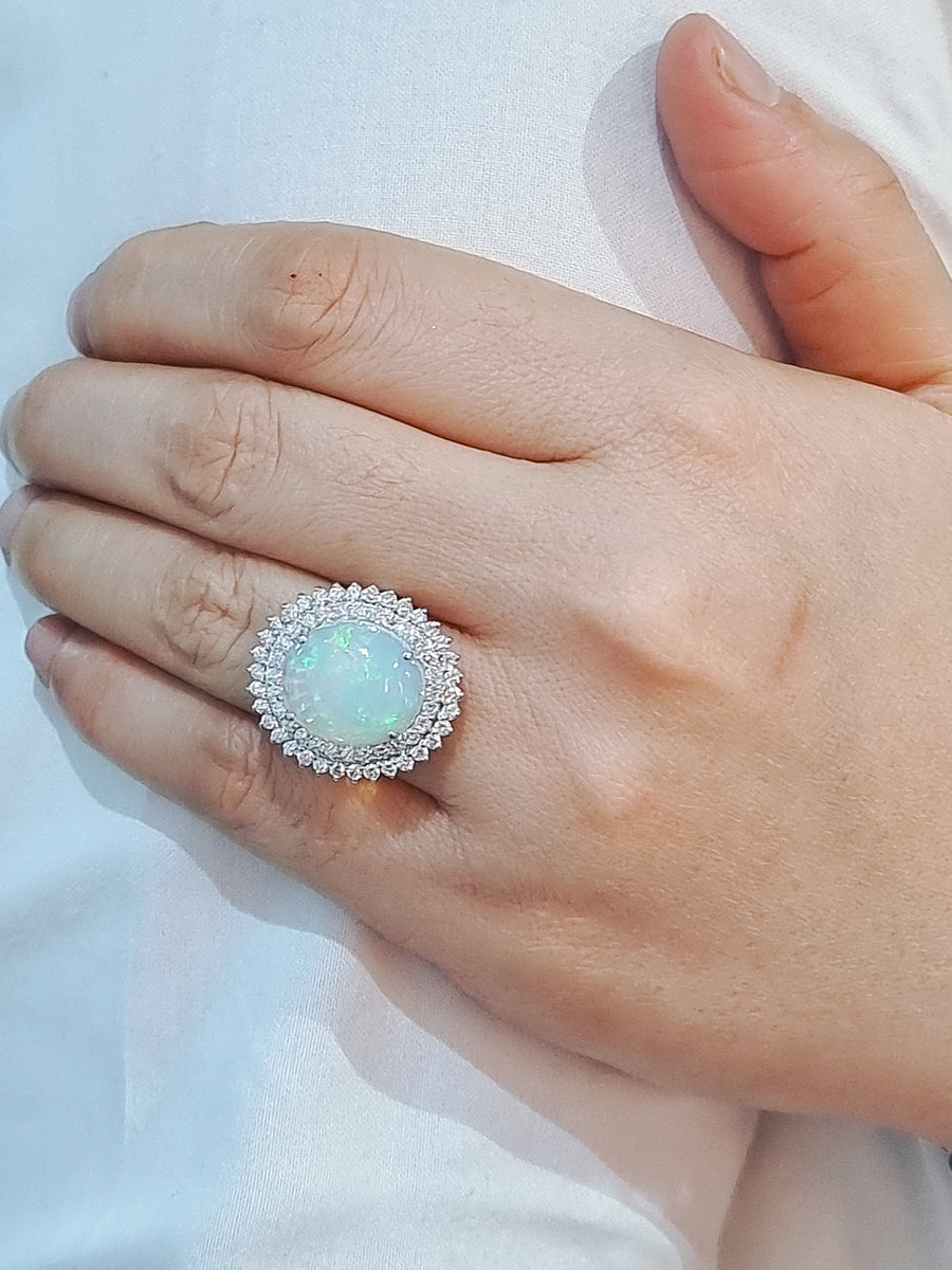 Opal And Diamond Ring In 18k White Gold.