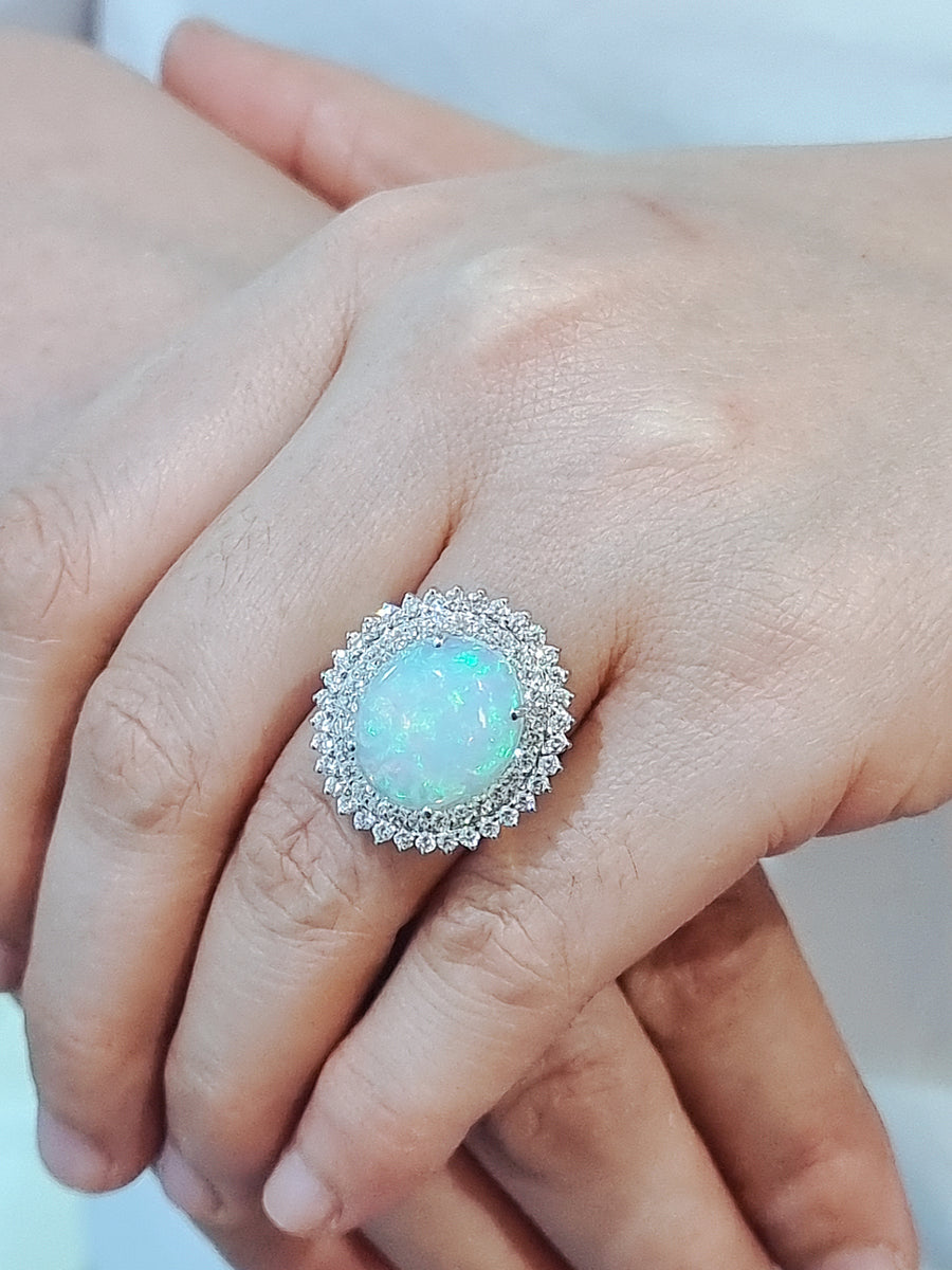 Opal And Diamond Ring In 18k White Gold.