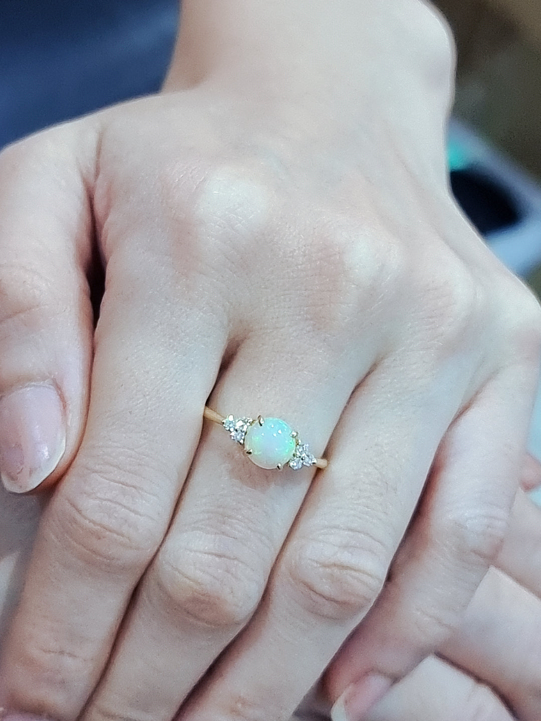 Round Opal And Diamond Ring In 18k Yellow Gold.