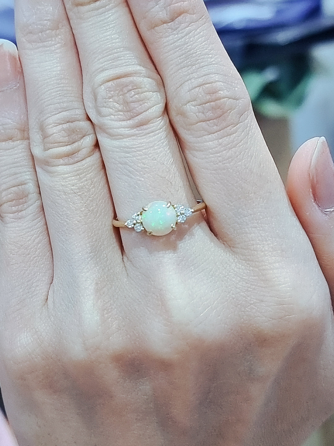 Round Opal And Diamond Ring In 18k Yellow Gold.