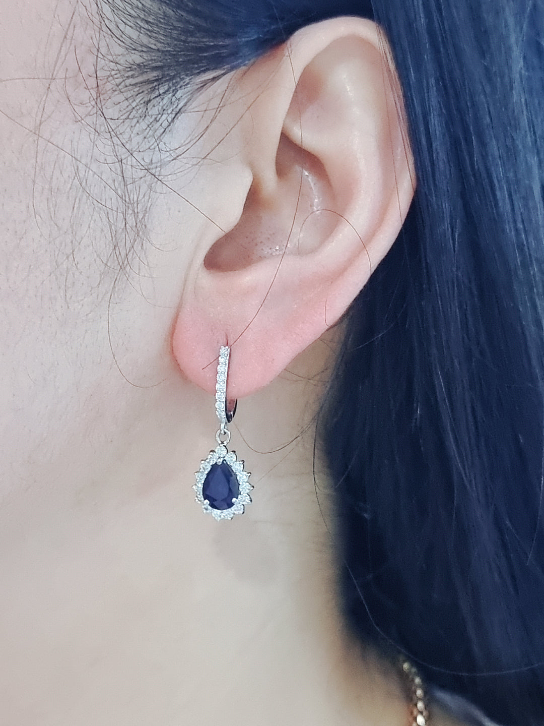 Blue Sapphire Dangling Huggies, Diamond Halo Earrings In 18k White Gold.