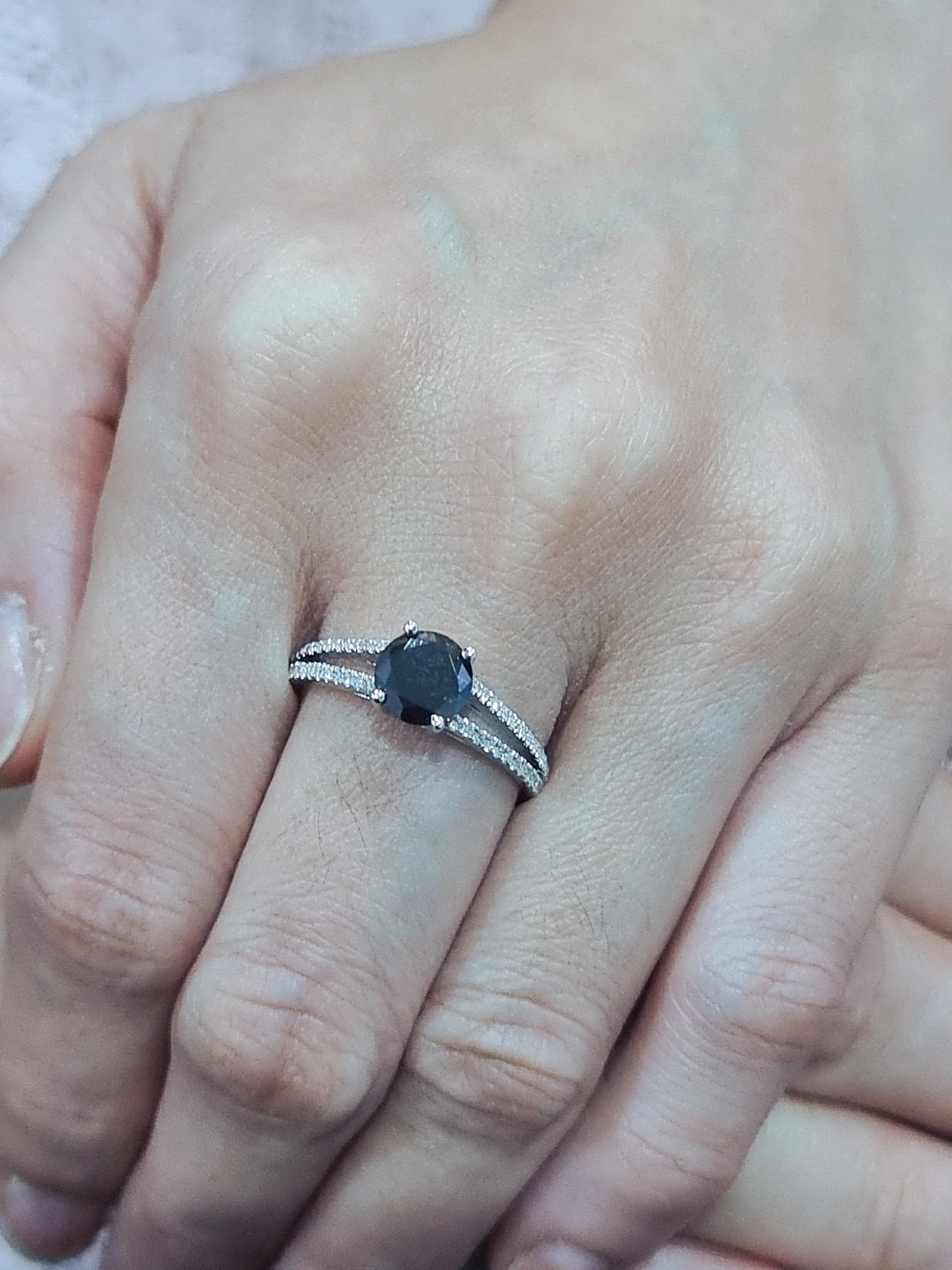 Solitaire Black Diamond Ring In 18k White Gold.