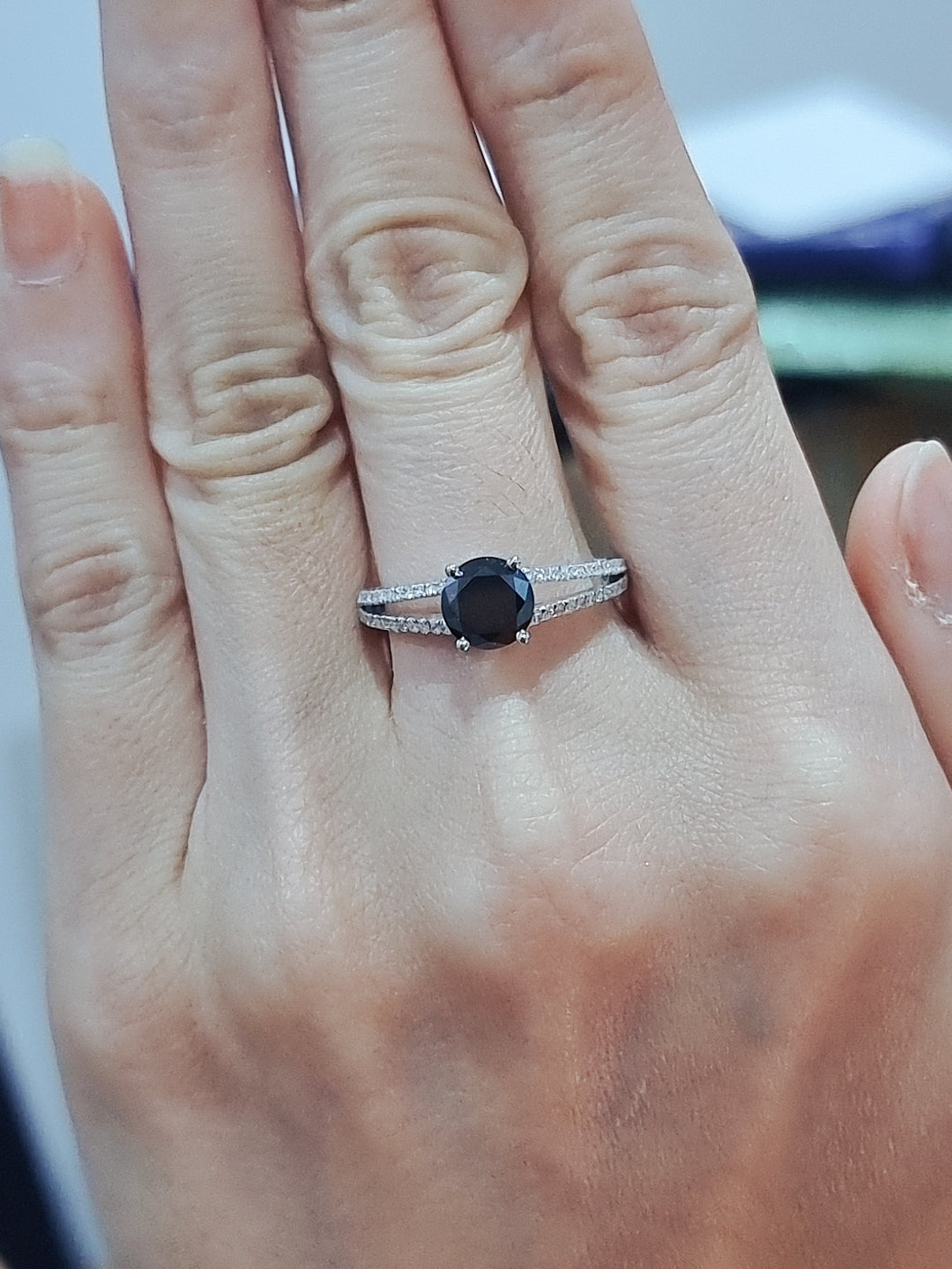 Solitaire Black Diamond Ring In 18k White Gold.