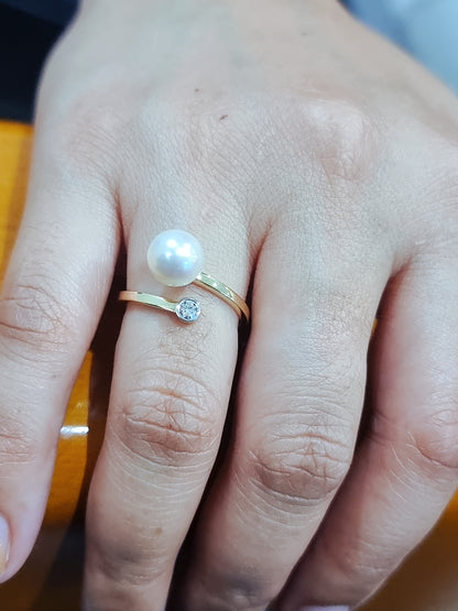 Fresh Water White Pearl And Diamond, By Pass Design Ring In 18kYellow Gold.