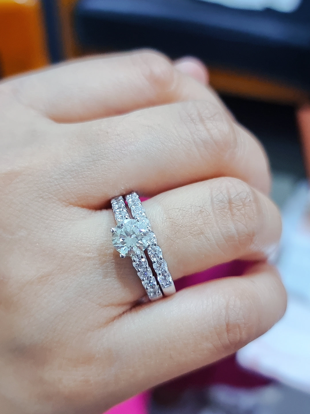 Solitaire Engagement Ring And Wedding Band Set In 18k White Gold.