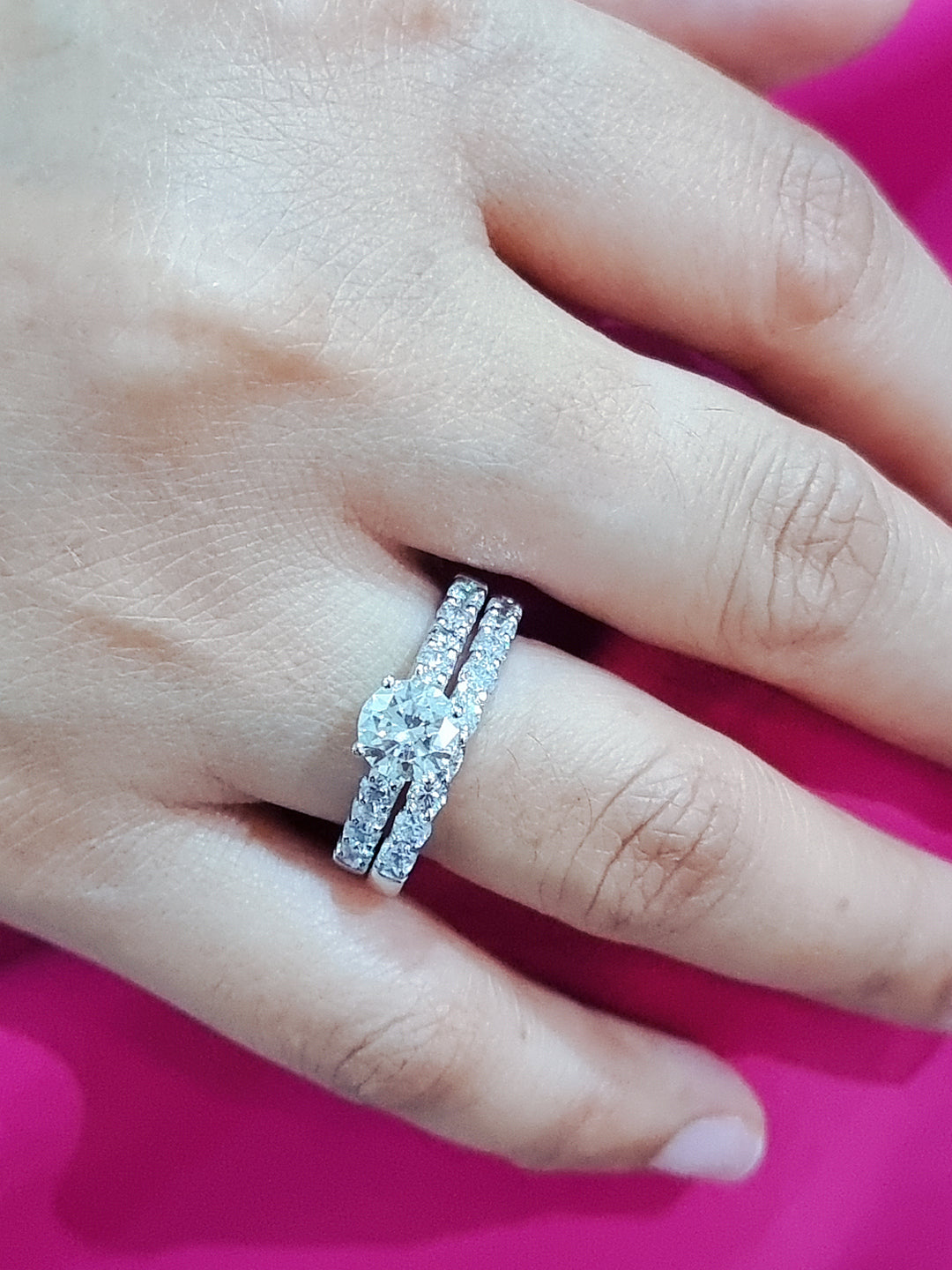 Solitaire Engagement Ring And Wedding Band Set In 18k White Gold.