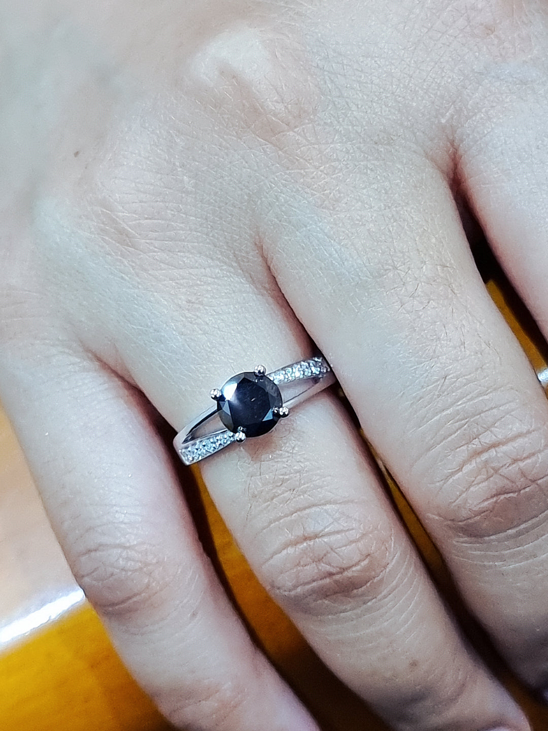 Solitaire Black Diamond With Diamond Ring In 18k White Gold.