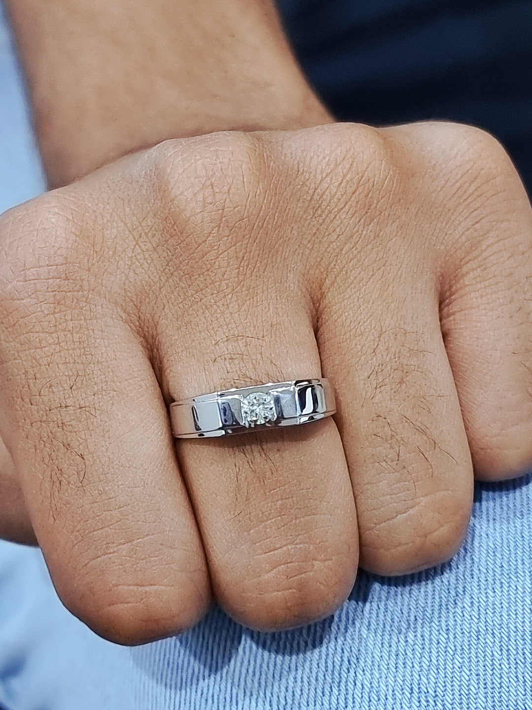 Men's Solitaire Diamond Ring In 18k White Gold.