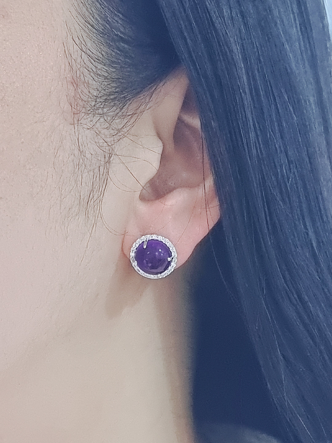 Cabochon Amethyst And Diamond Halo Stud Earrings In 18k White Gold.