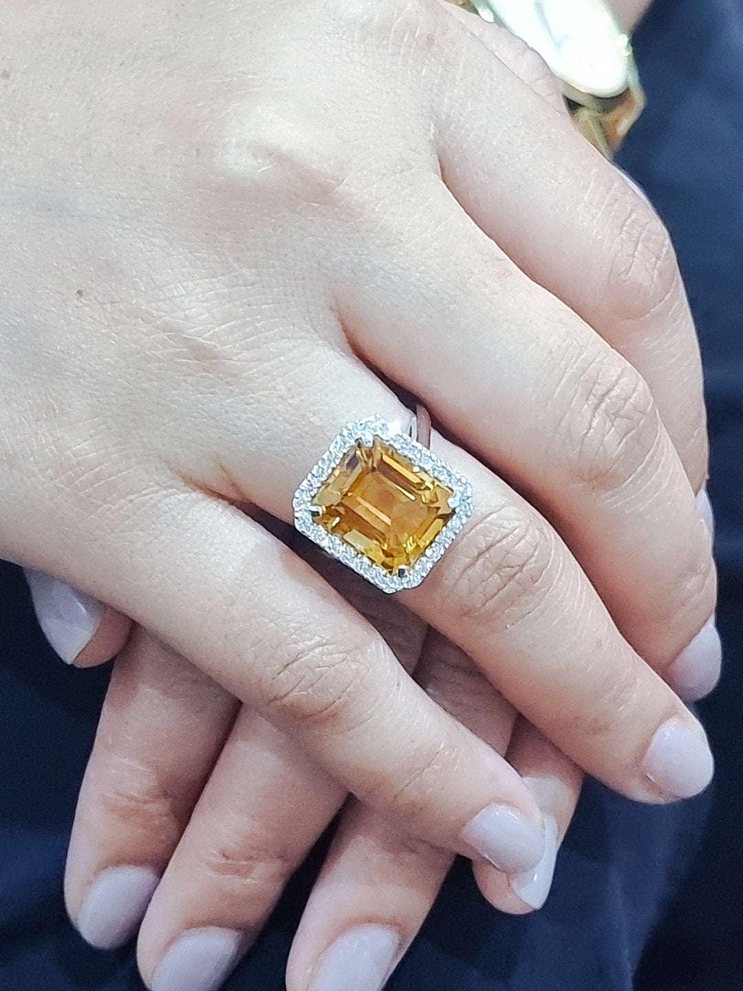 Citrine And Diamond Halo Ring In 18k White Gold.