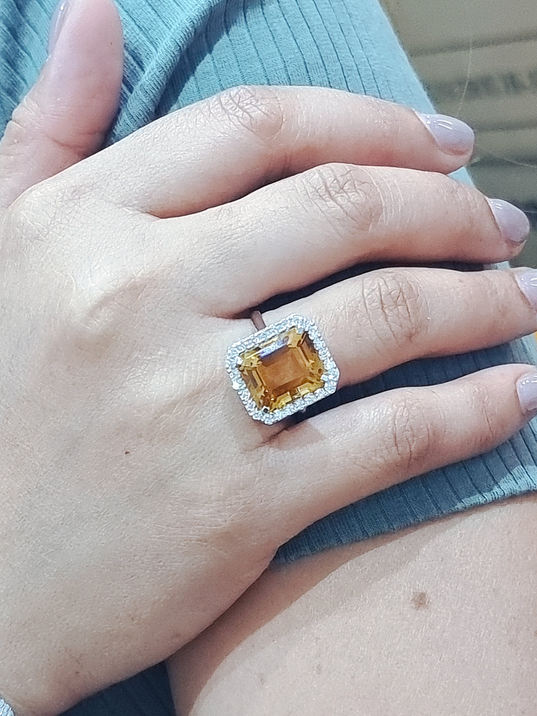 Citrine And Diamond Halo Ring In 18k White Gold.