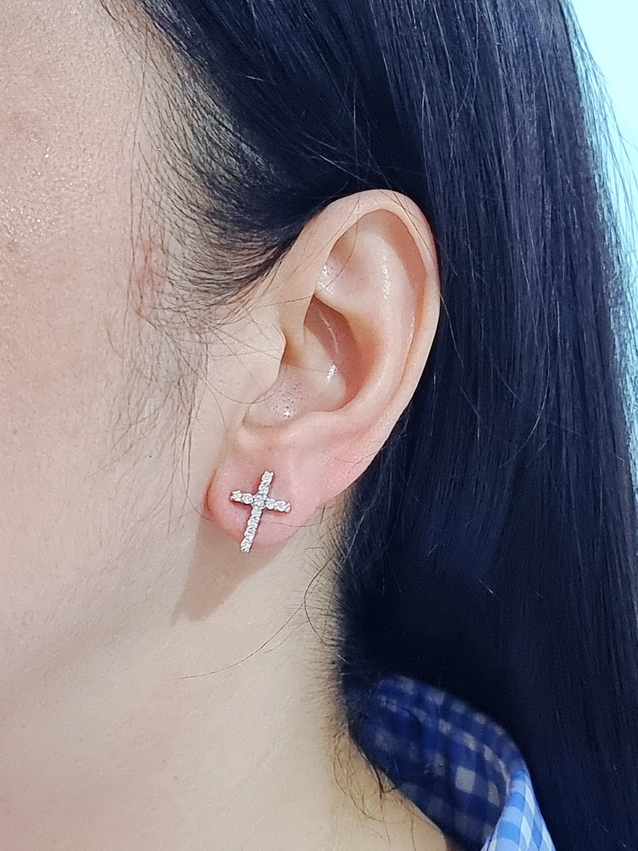 Diamond Cross Stud Earrings In 18k White Gold.