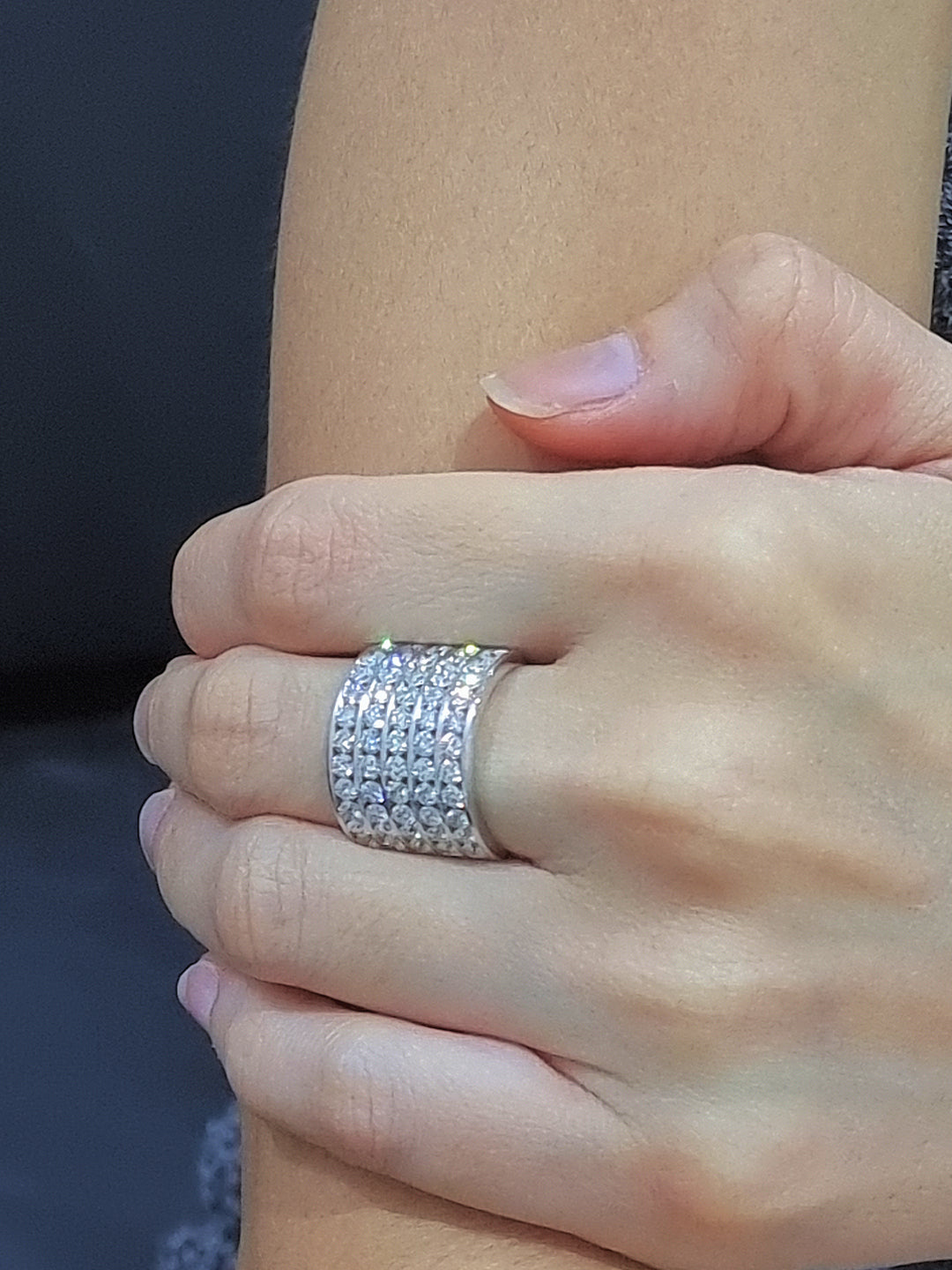Wide Band, Multiple Row Diamond Ring In 18k White Gold.