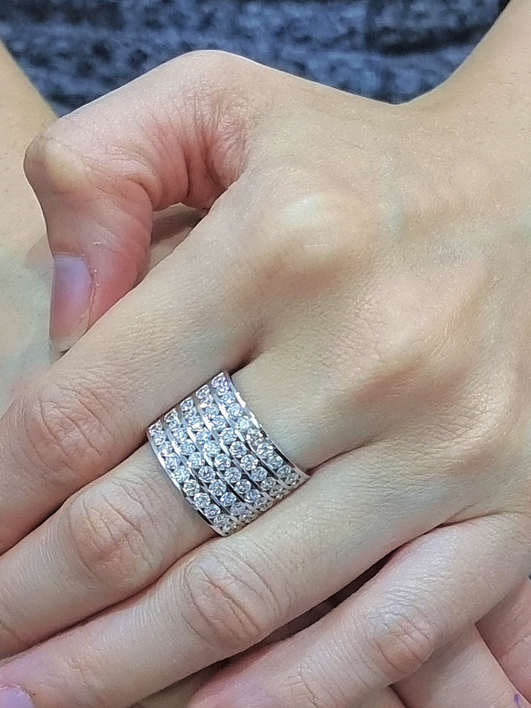 Wide Band, Multiple Row Diamond Ring In 18k White Gold.