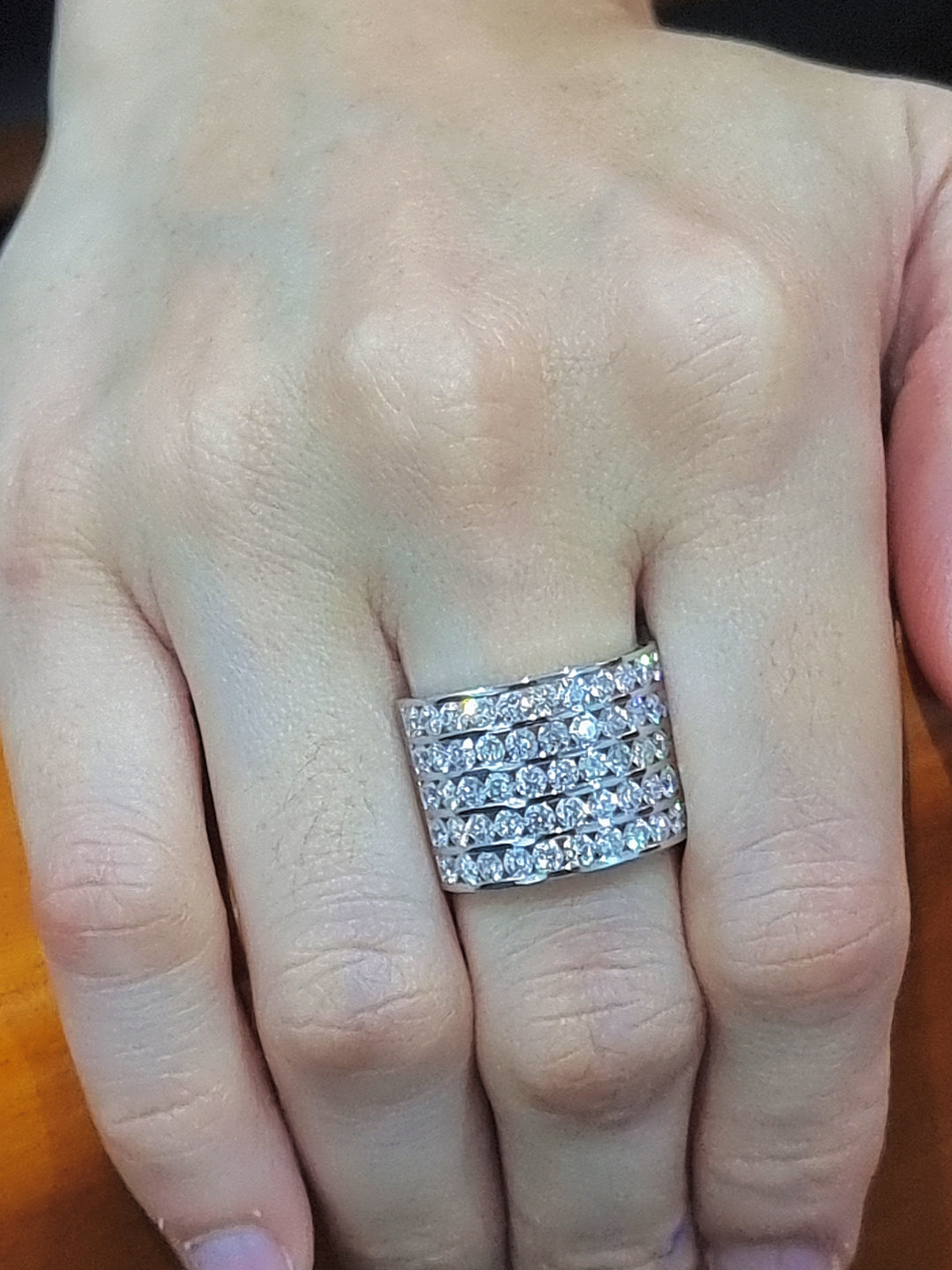 Wide Band, Multiple Row Diamond Ring In 18k White Gold.