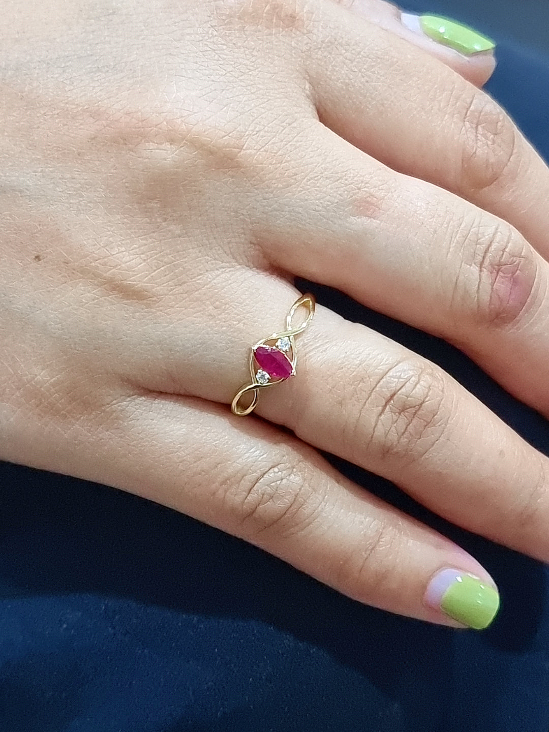 July Birthstone, Marquise Cut Ruby And Diamond Ring In 18k Yellow Gold.