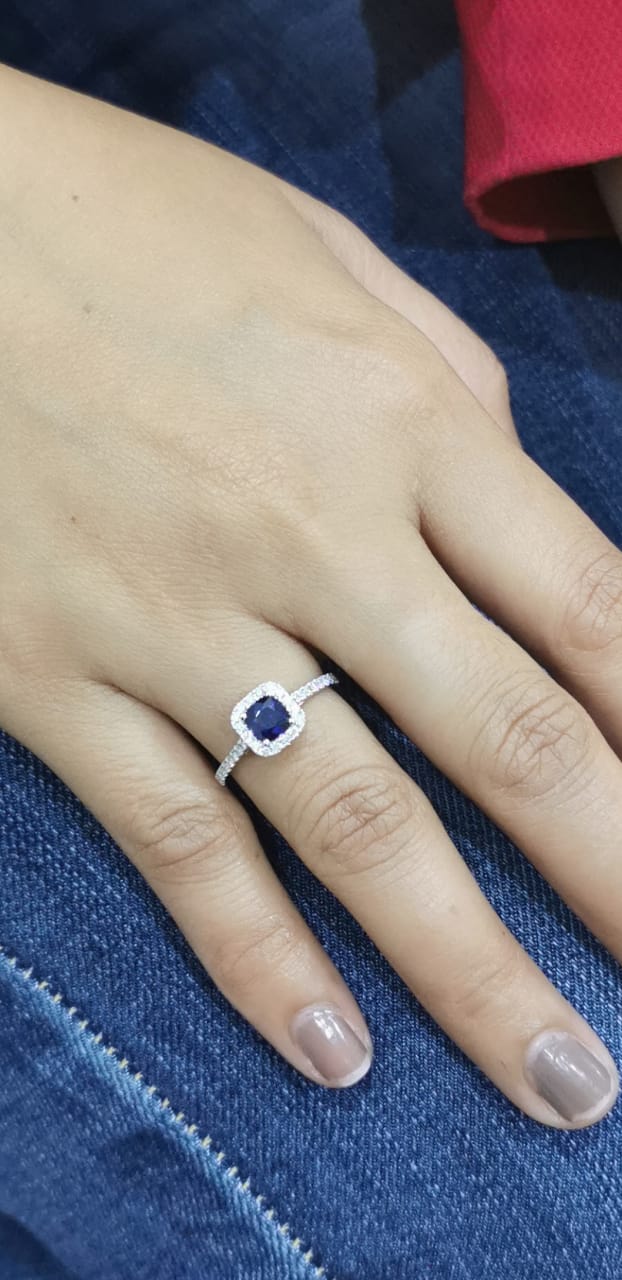 Cushion Cut Sapphire Diamond Ring Crafted In 18K White Gold