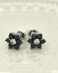 Flower Shape Black Diamond Stud Earring Crafted In 18K White Gold