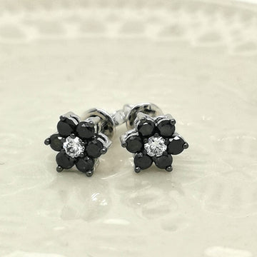 Flower Shape Black Diamond Stud Earring Crafted In 18K White Gold