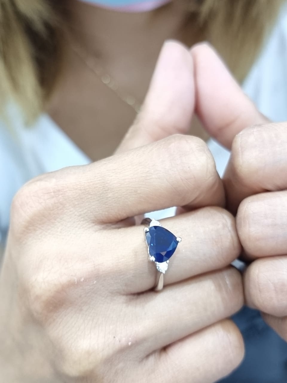 Heart Shape Blue Sapphire And Diamond Ring Crafted  In 18K White Gold