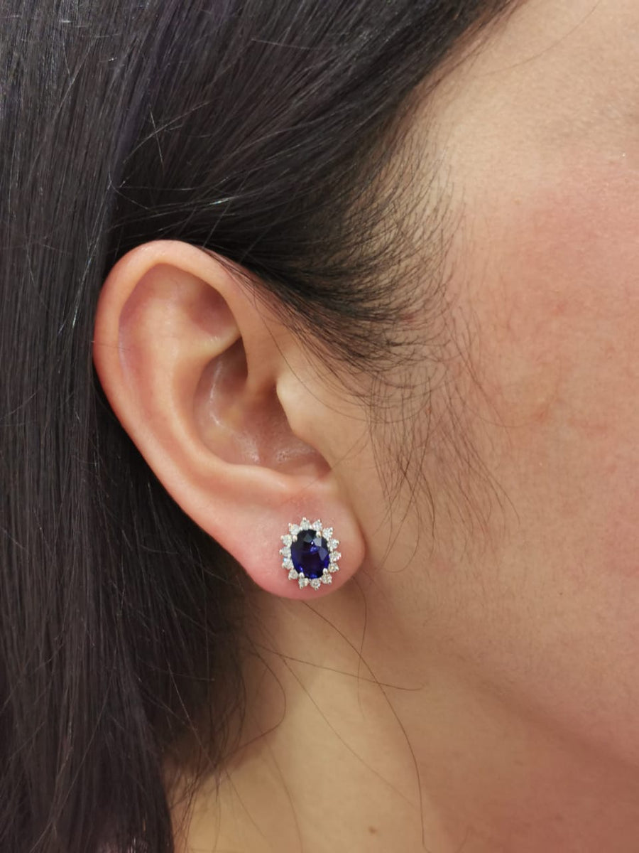 Prong Setting Oval Blue Sapphire Stud Earrings Crafted In 18K White Gold