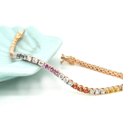Multi Sapphire And Diamond Tennis Bracelet In 18k Yellow Gold.