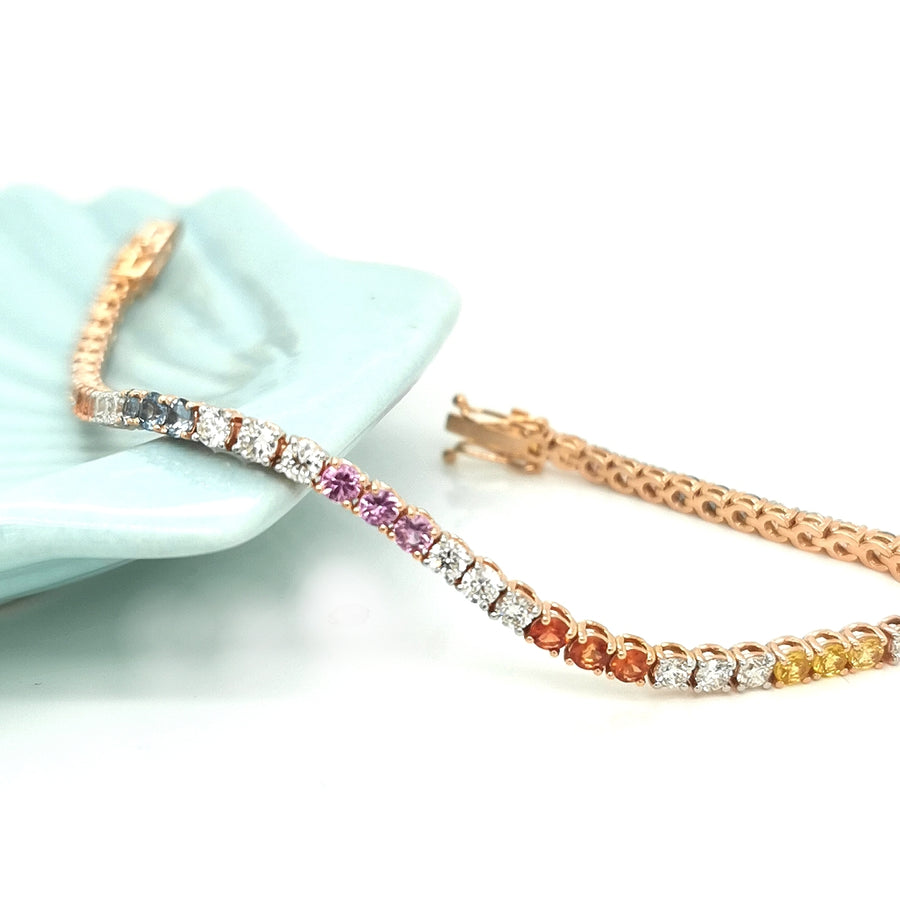 Multi Sapphire And Diamond Tennis Bracelet In 18k Rose Gold.