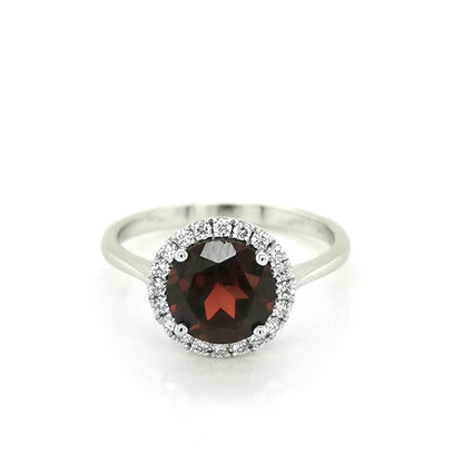 Round Shape Garnet And Diamond Ring Crafted In 18K White Gold