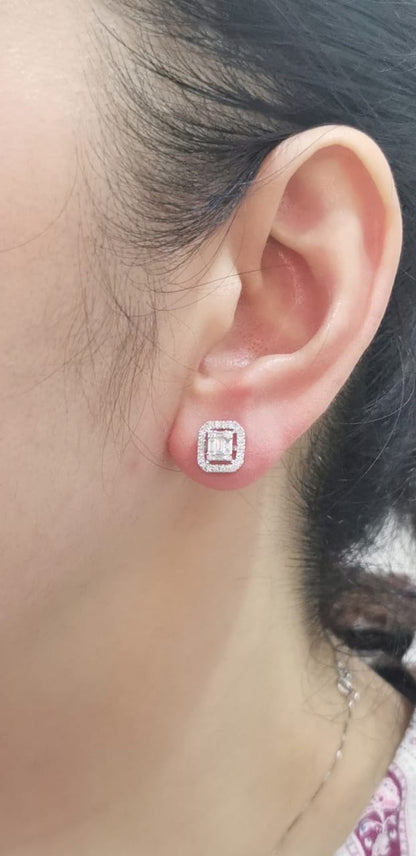 Cluster And Emerald Cut Diamond Stud Earring Crafted In 18K White Gold